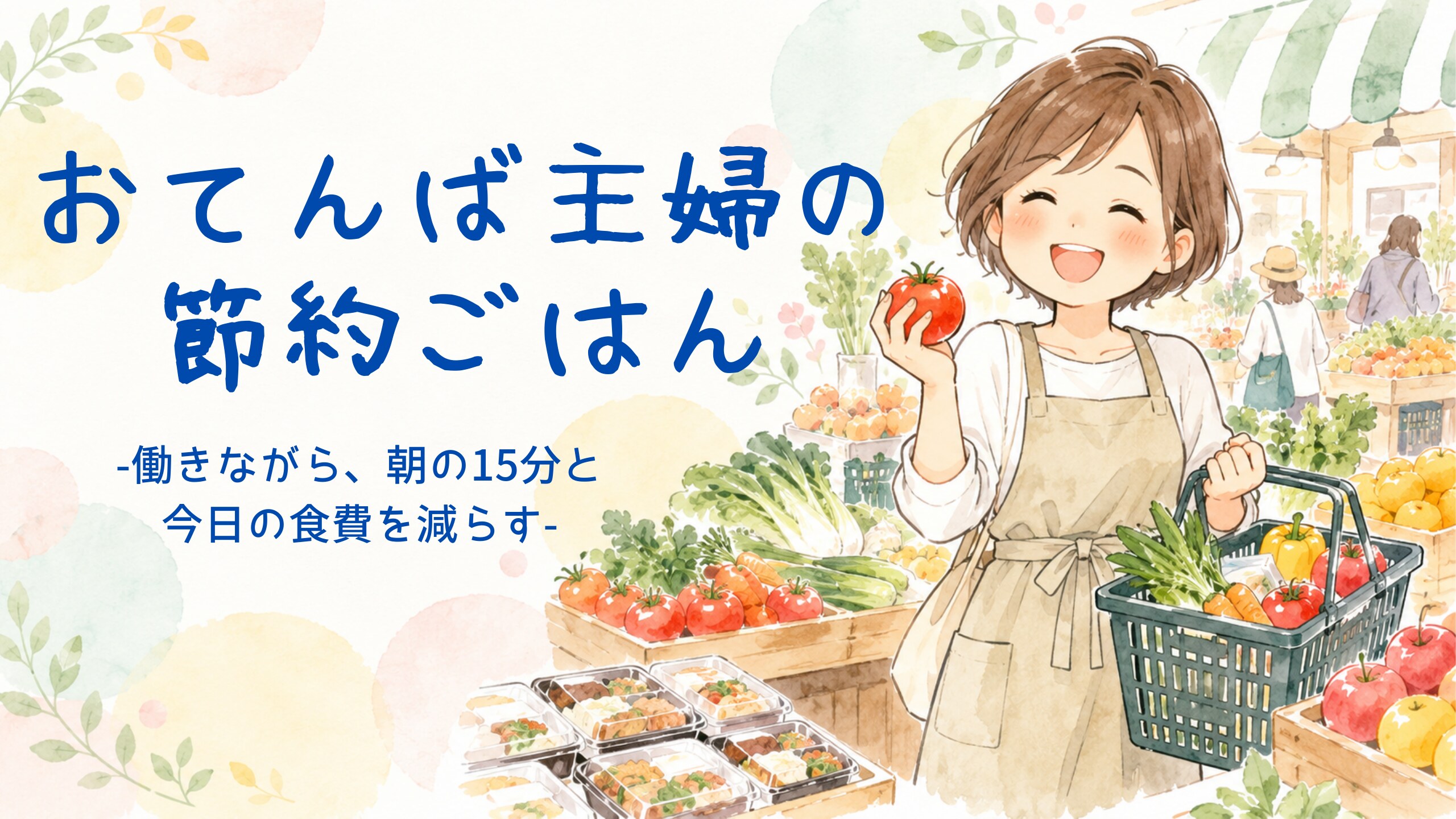 おてんば主婦の節約ごはん｜産直市場で野菜を買う女性のイラスト